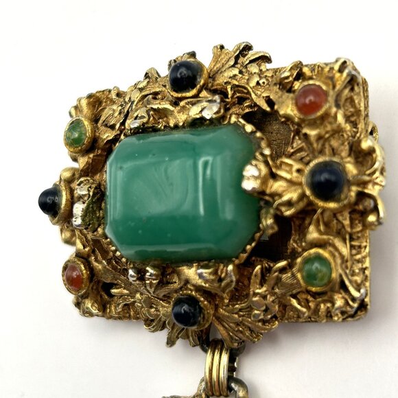 Vintage Kramer of New York Brooch Tassel Faux Jade Cabochon Gold Tone Rare - Picture 14 of 15